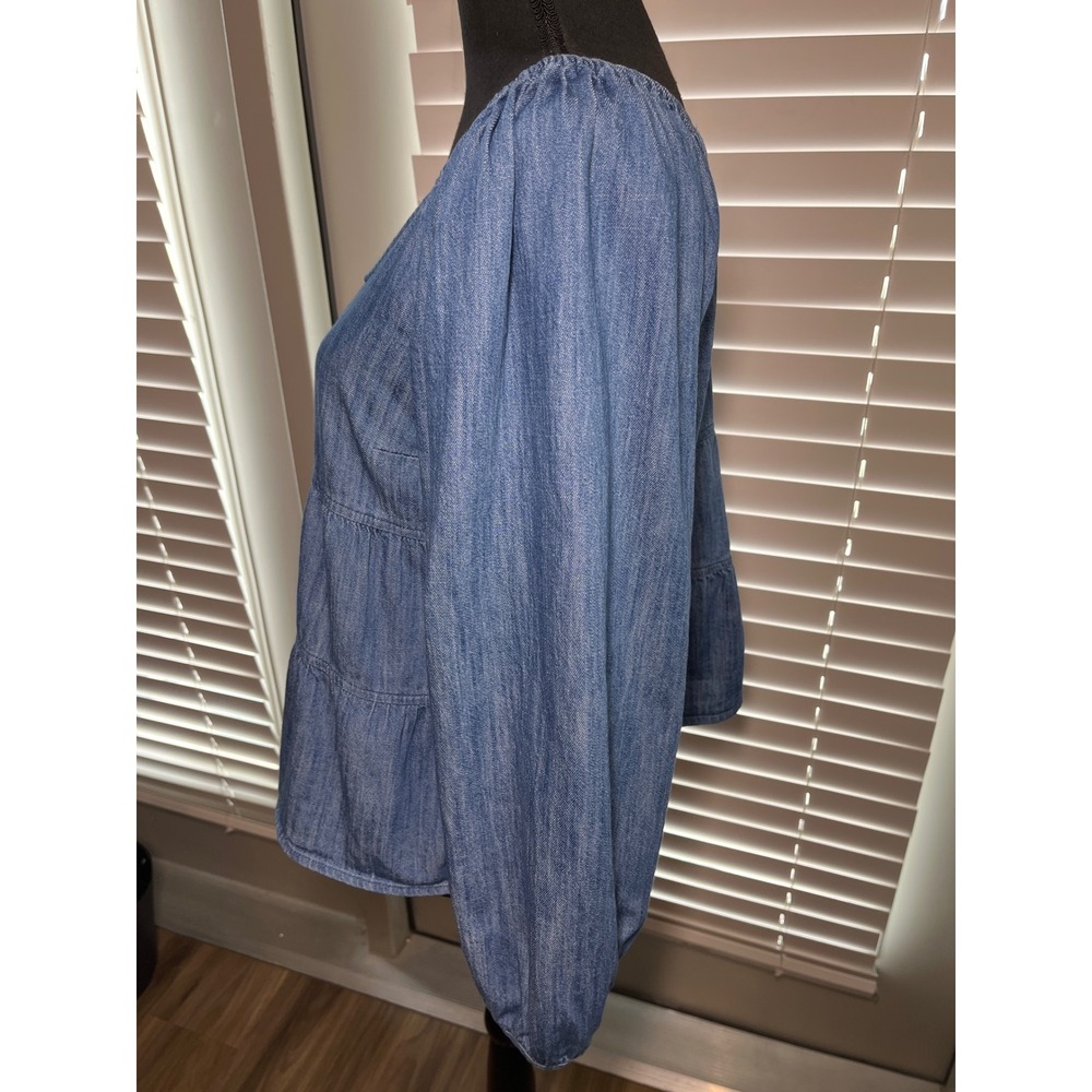 Old Navy Tiered Blue Denim Blouse Medium Puff Sleeve Babydoll Cottagecore - Picture 9 of 9